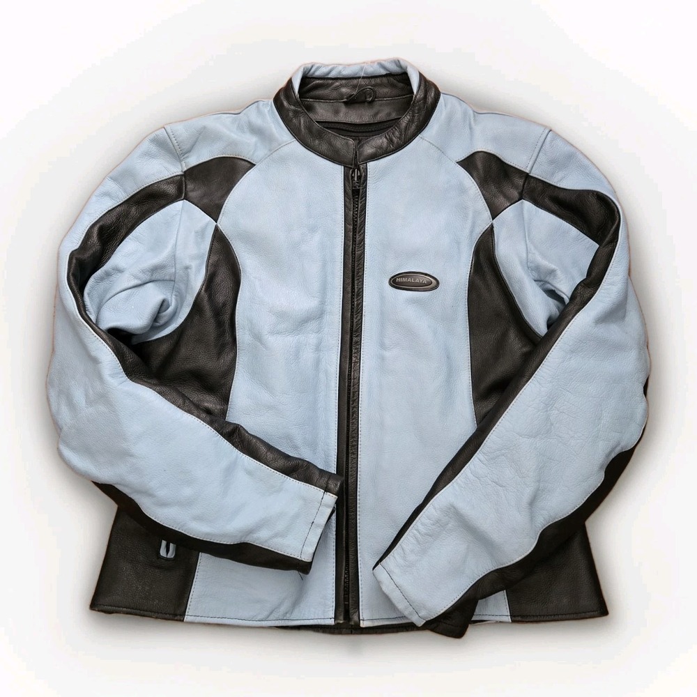 Himalaya Womens Classic Leather Biker Jacket Sz 10 Blue Black Moto Riding Y2K‎